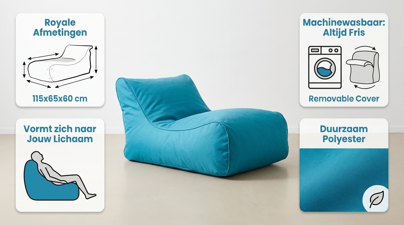 Luxe relax poef - blauw - wasbare polyester hoes