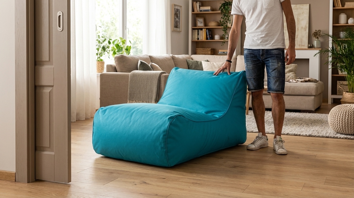 Luxe relax poef - blauw - wasbare polyester hoes