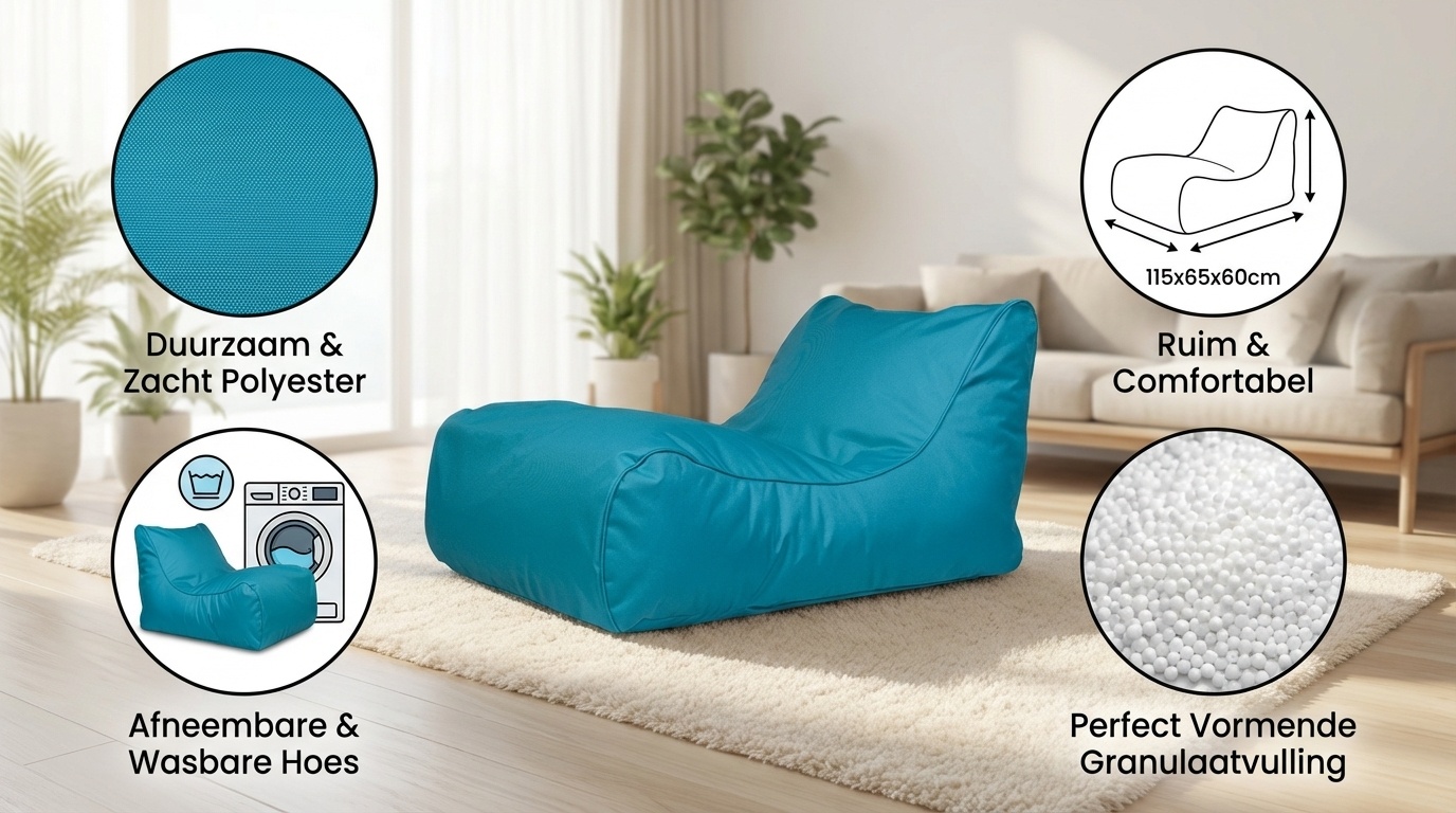 Blauwe zitzak | Luxe Relax Poef (115x65x60cm) Polyester