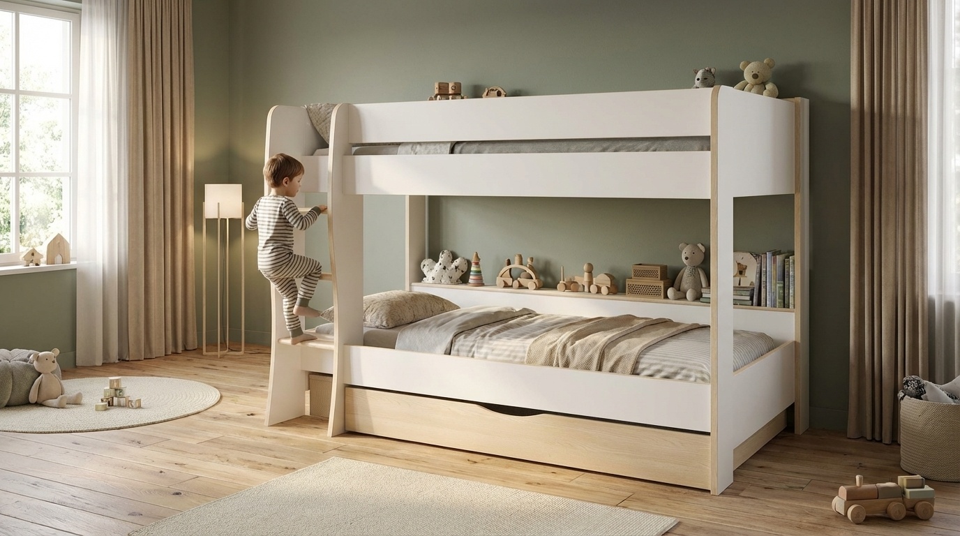 Kinderkamer bed: Stapelbed 90x200cm wit eiken – Ruimtebesparend & Opberg