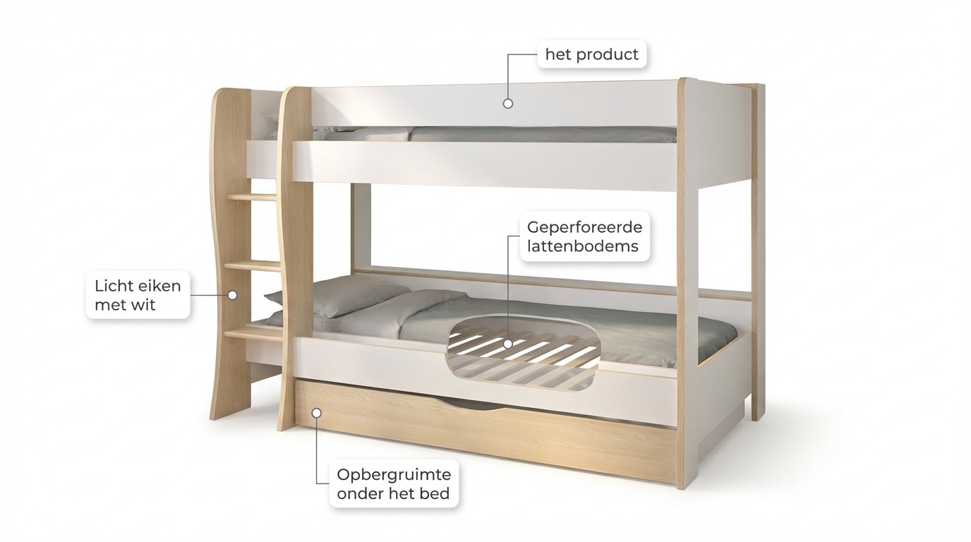 Kinderkamer bed: Stapelbed 90x200cm wit eiken – Ruimtebesparend & Opberg
