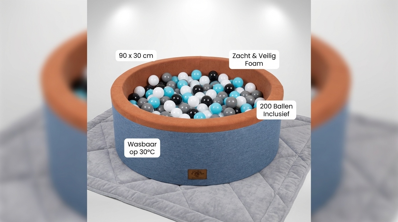 Ballenbak - stevige ballenbad - 90 x 30 cm - 200 ballen - wit, grijs, zwart en lichtblauw