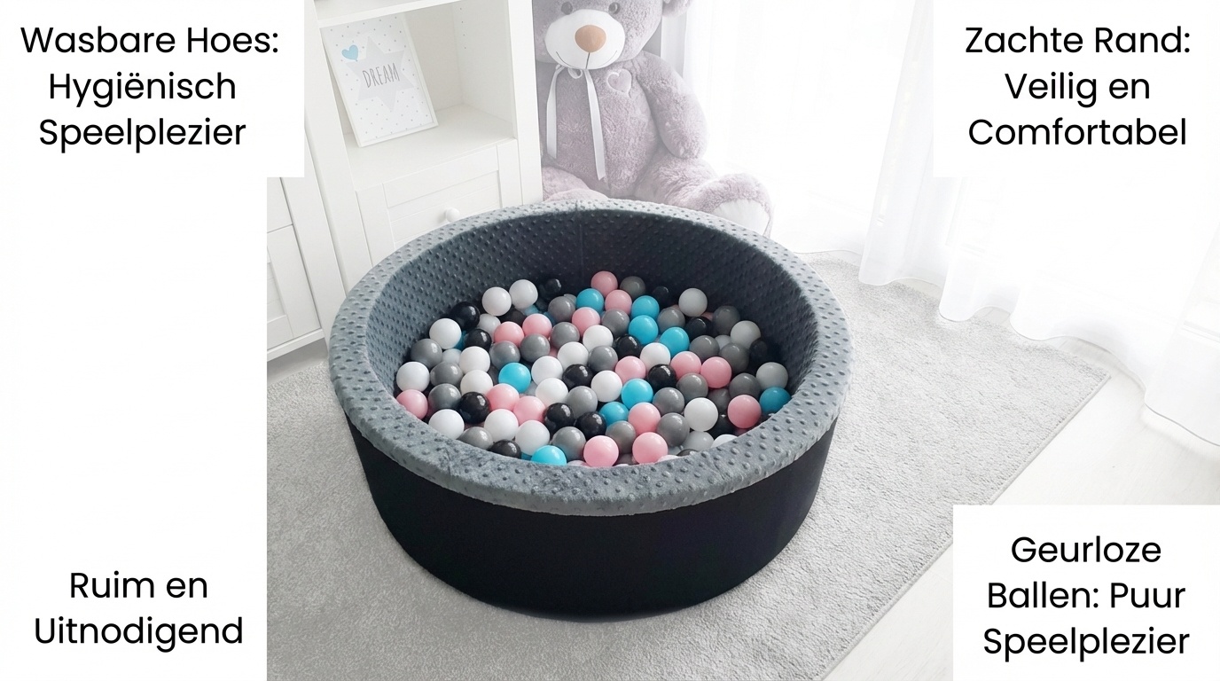 Ballenbak - stevige ballenbad - 90 x 30 cm - 200 ballen - wit,grijs, zwart, roze en blauw