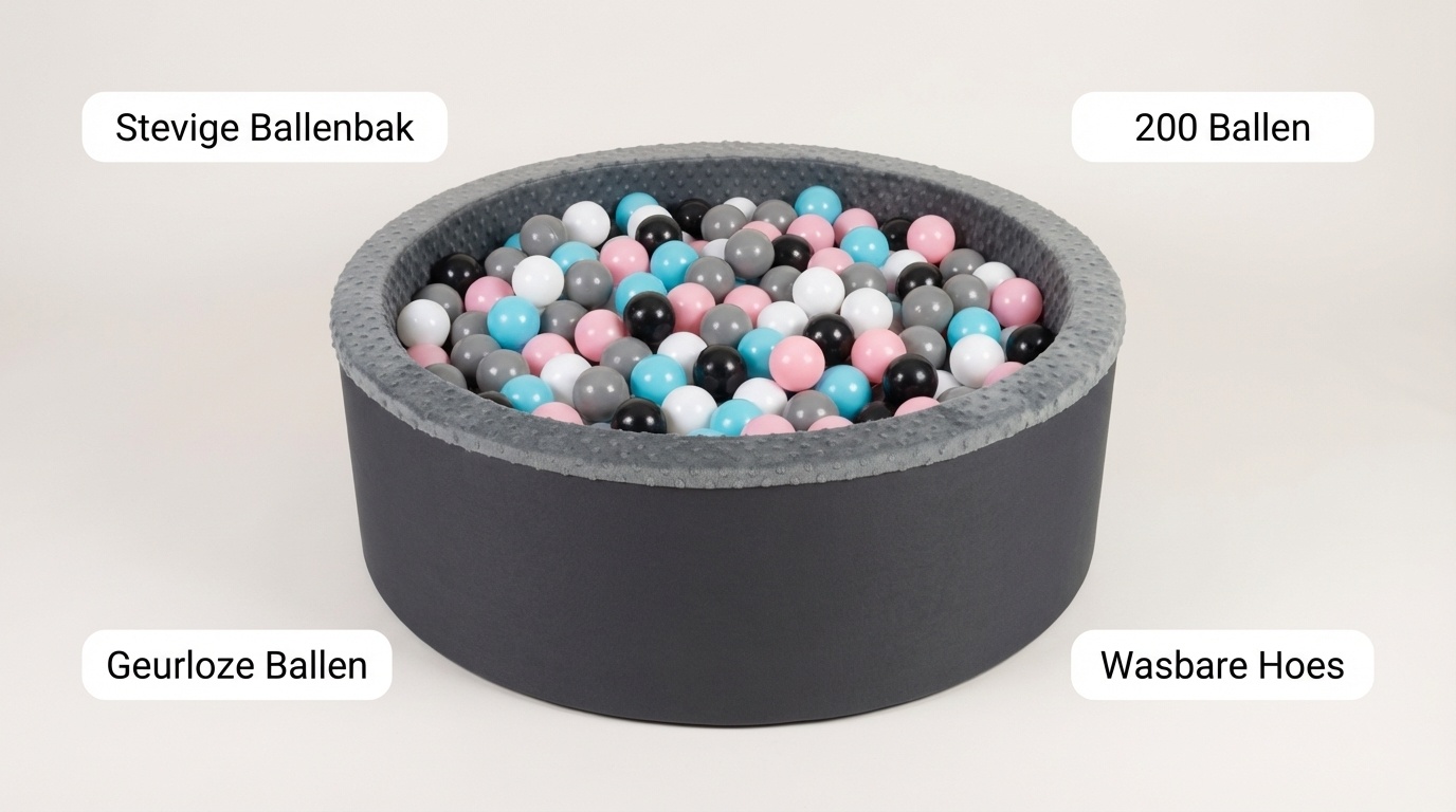 Ballenbak - stevige ballenbad - 90 x 30 cm - 200 ballen - wit,grijs, zwart, roze en blauw
