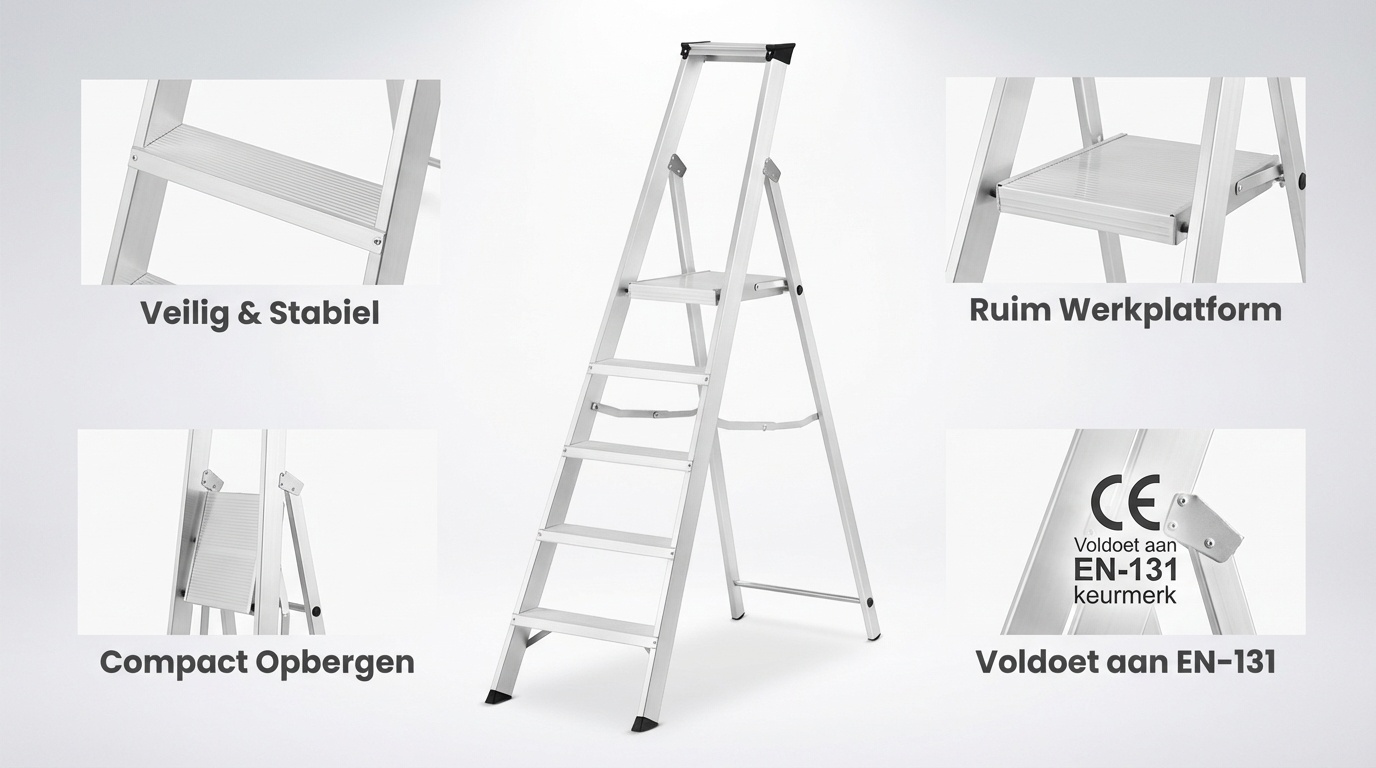Huishoudtrap - 5 treden - aluminium - 3,06 m werkhoogte