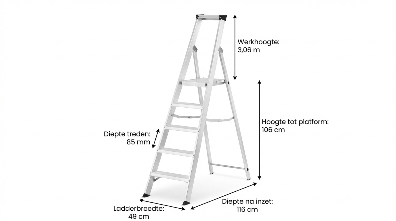 Huishoudtrap - 5 treden - aluminium - 3,06 m werkhoogte