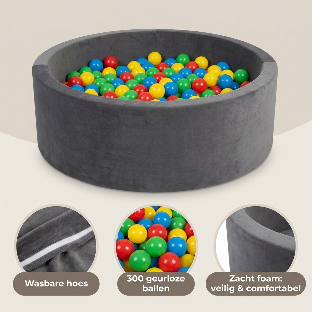 Ballenbad met 300 ballen - wasbare hoes - 90 x 30 cm - grafiet