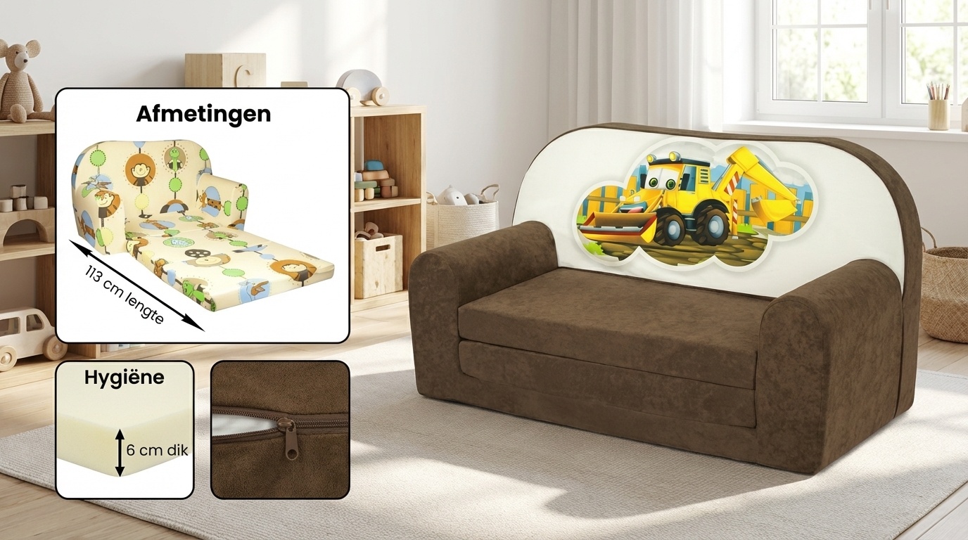 Kinder slaapbank - sofa - bruin - logeermatras - 85 x 60 - graafmachine