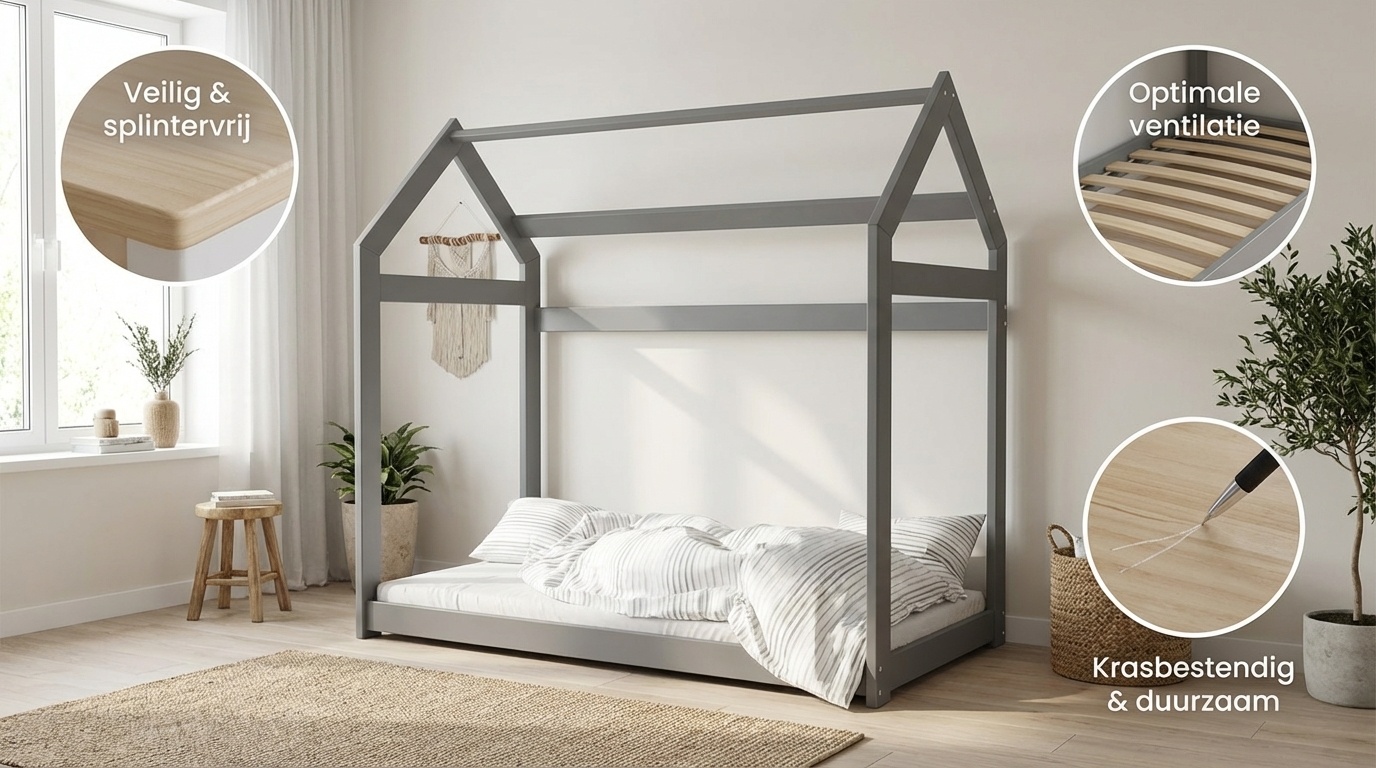 Houten bed - Huisbed - Huis bed - kinderbed - 160x80 - Grijs