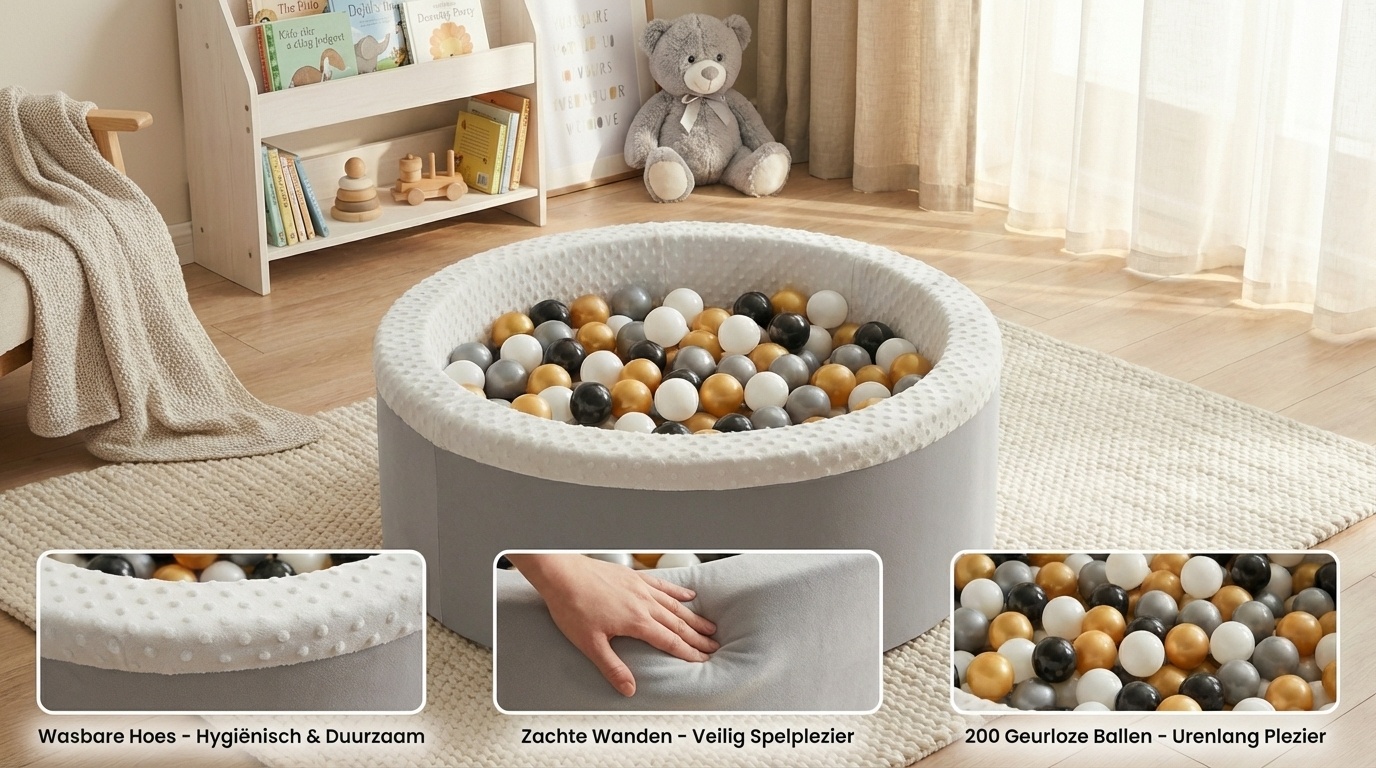 Ballenbad met 200 ballen - Wasbare hoes - 90x30 cm - Grijs / Wit