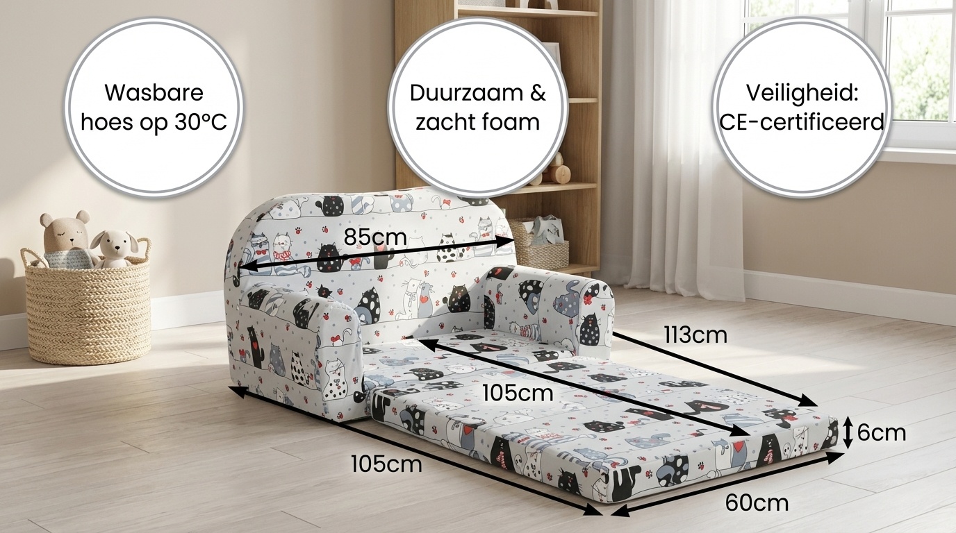 Kinder Slaapbank en logeerbed in één - 85cm x 60cm - Grijze poezen