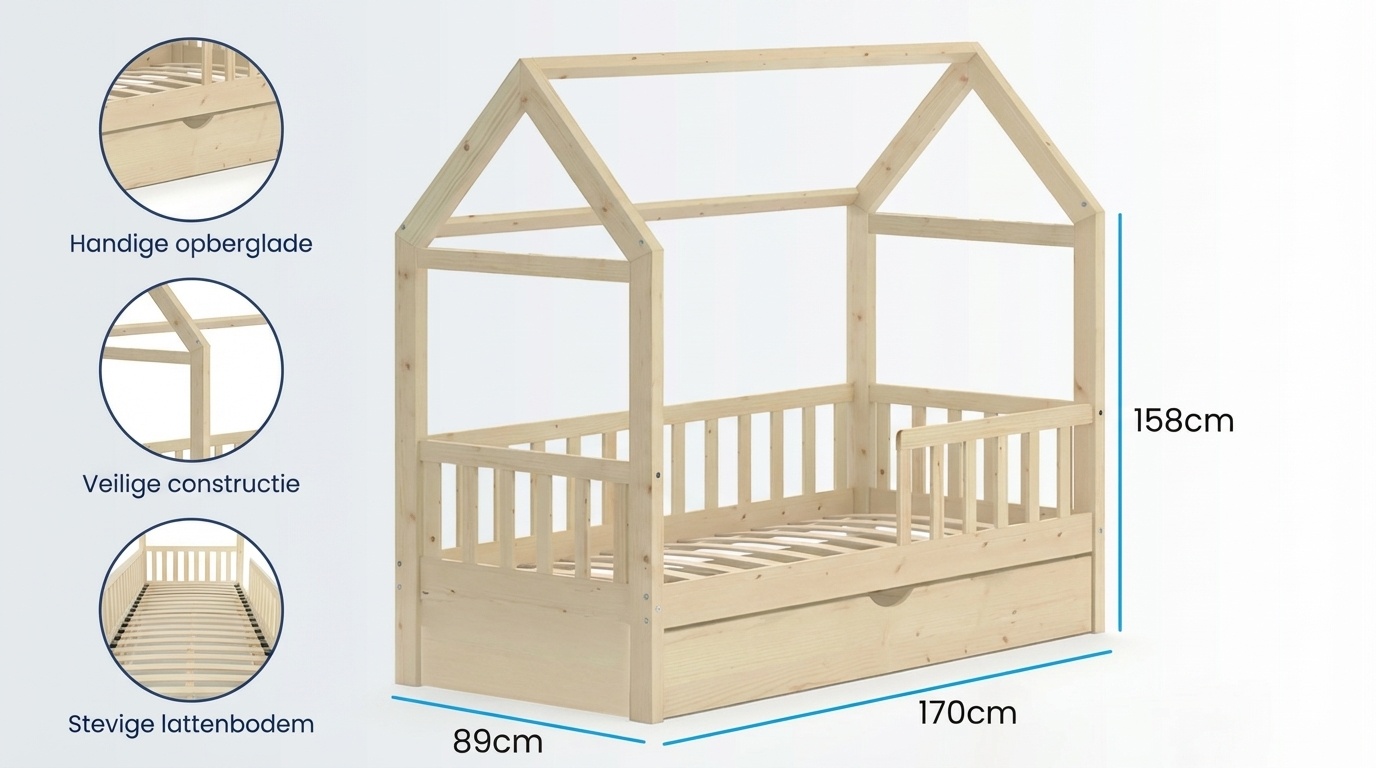 Huisje bed 80x160 cm grenen met lade | Kinderbed naturel
