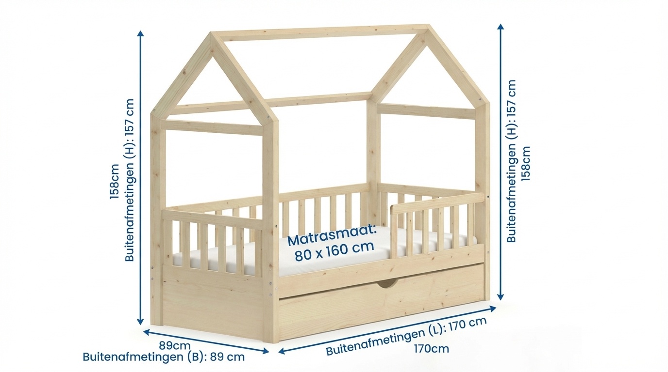 Huisje bed 80x160 cm grenen met lade | Kinderbed naturel