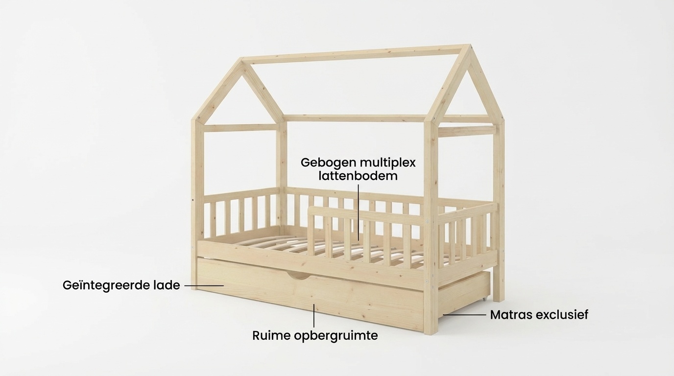 Huisje bed 80x160 cm grenen met lade | Kinderbed naturel