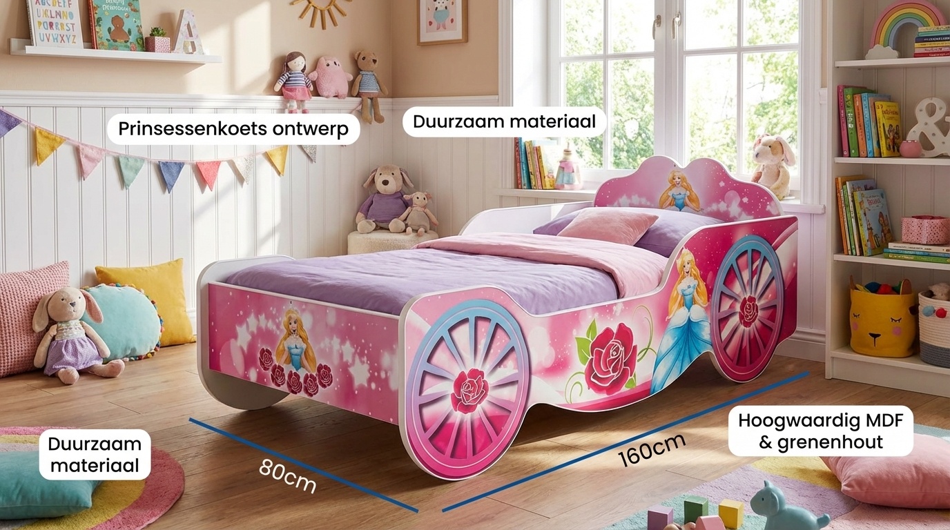 Prinsessen kinderbed koets – roze – 160x80 cm