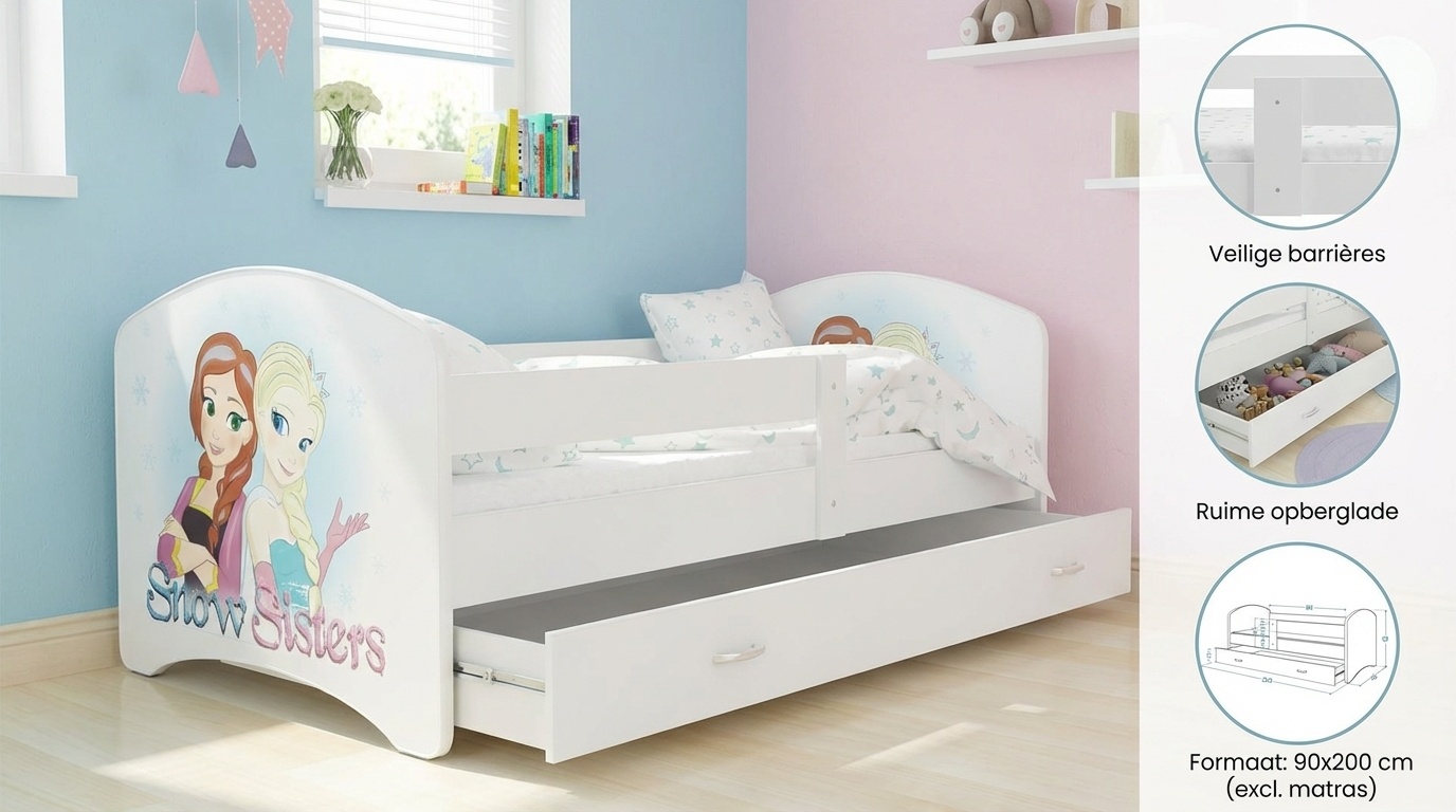 Kinderbed Frozen 90x200cm wit MDF/grenenhout - Met lade