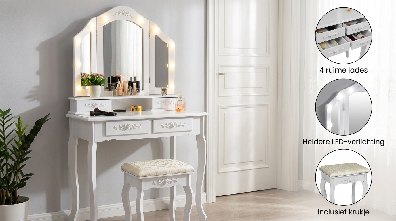 Kaptafel - met spiegel - licht en krukje - 75x40x140 cm - wit