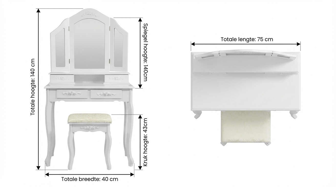 Kaptafel - met spiegel - licht en krukje - 75x40x140 cm - wit