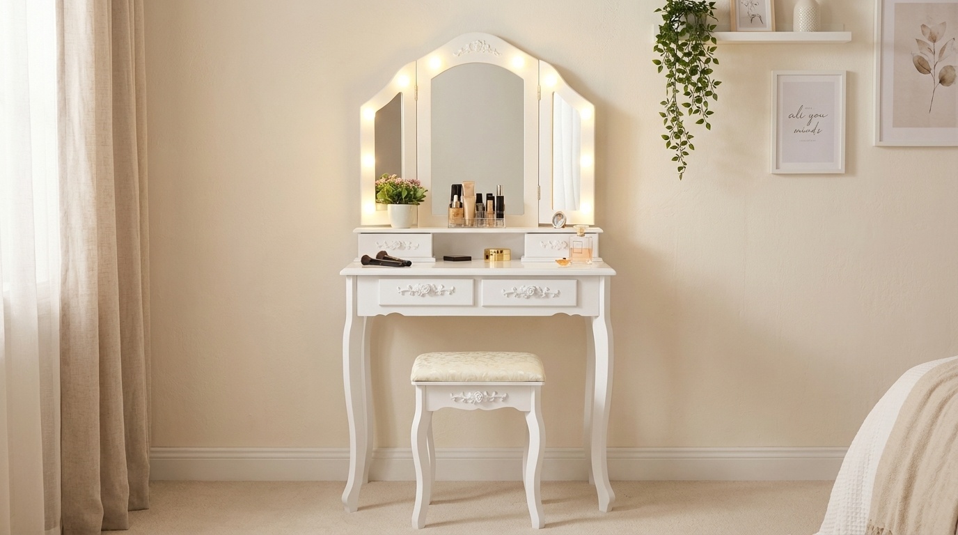 Kaptafel - met spiegel - licht en krukje - 75x40x140 cm - wit