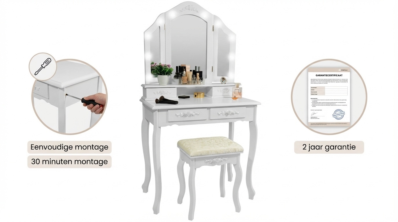 Kaptafel - met spiegel - licht en krukje - 75x40x140 cm - wit