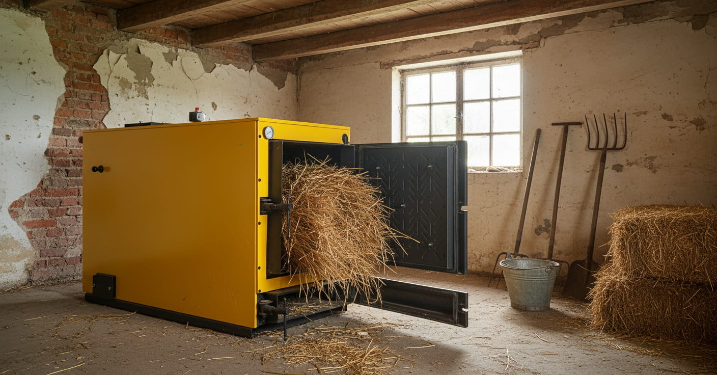 Biomassaketel - 40 kW - watermantel - hout en stro - geel