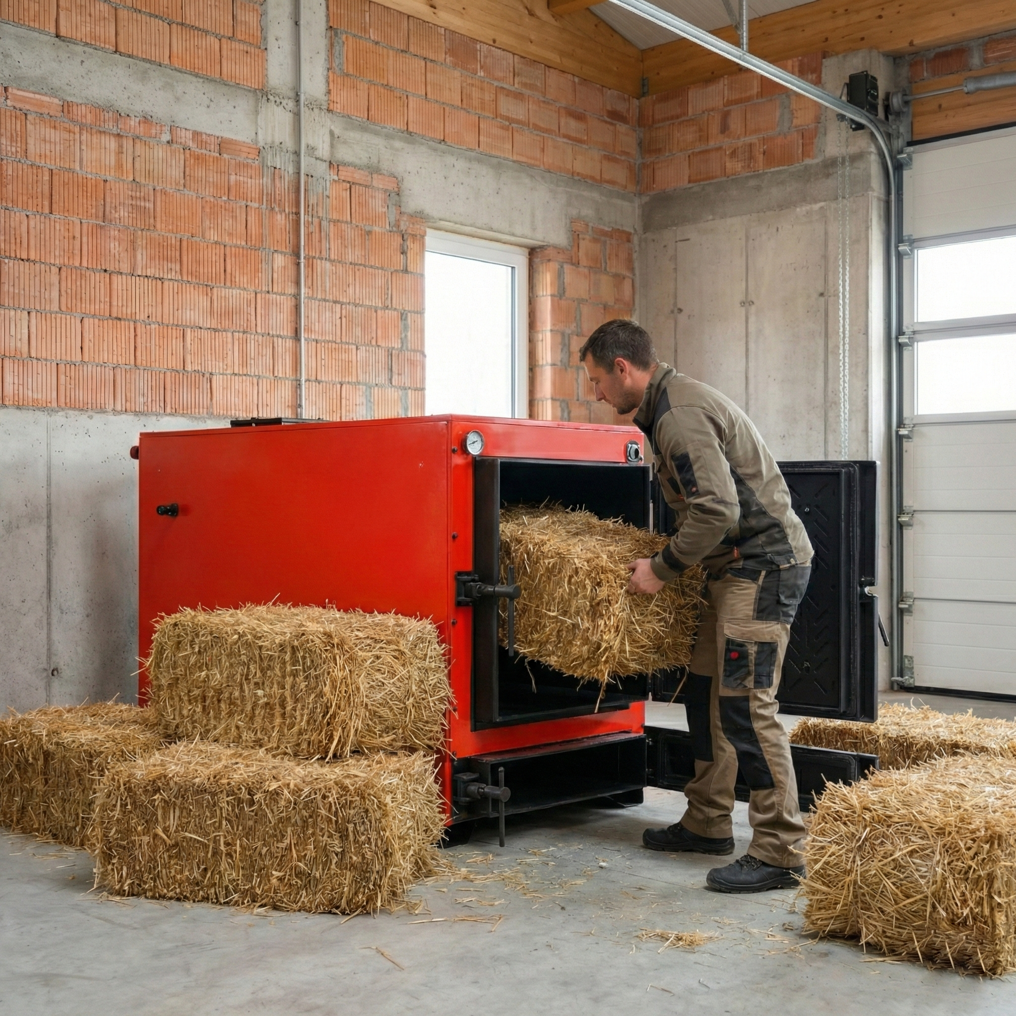 Biomassaketel - 65 kW - watermantel - hout en stro - rood