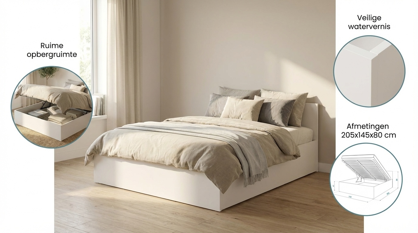 2 persoons bed 140x200 cm - wit - zonder matras - opklapbare bodem - schoonmaak vriendelijk
