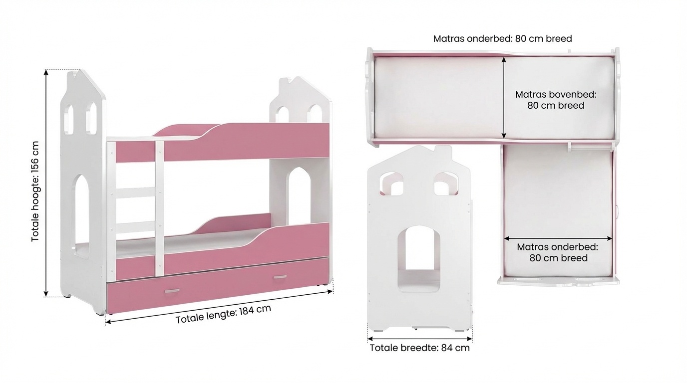 Stapelbed voor kinderen - 180x80 cm - met lade - wit roze