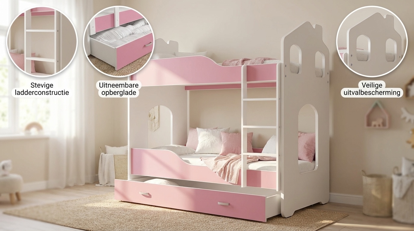 Stapelbed voor kinderen - 180x80 cm - met lade - wit roze