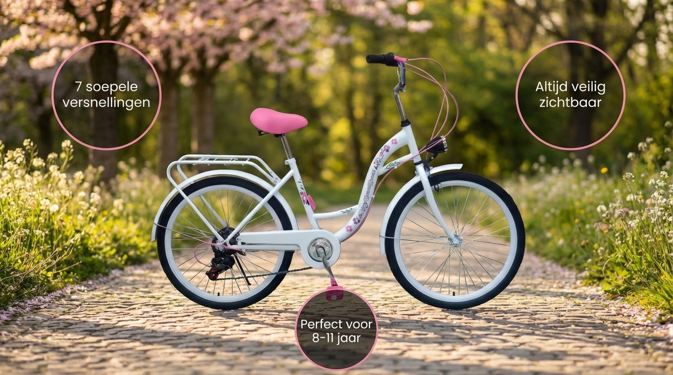 Kinderfiets - meisjesfiets 24 inch - 7 versnellingen - wit roze