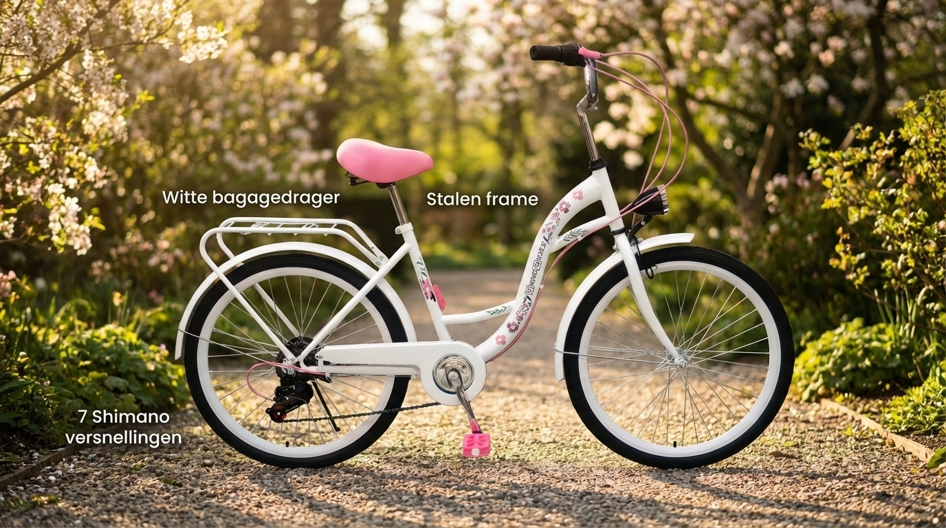 Kinderfiets - meisjesfiets 24 inch - 7 versnellingen - wit roze