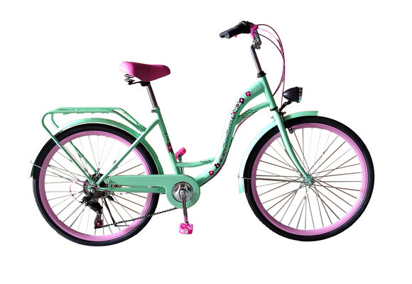 Meisjesfiets 26 inch - 7 versnellingen - mintgroen met roze