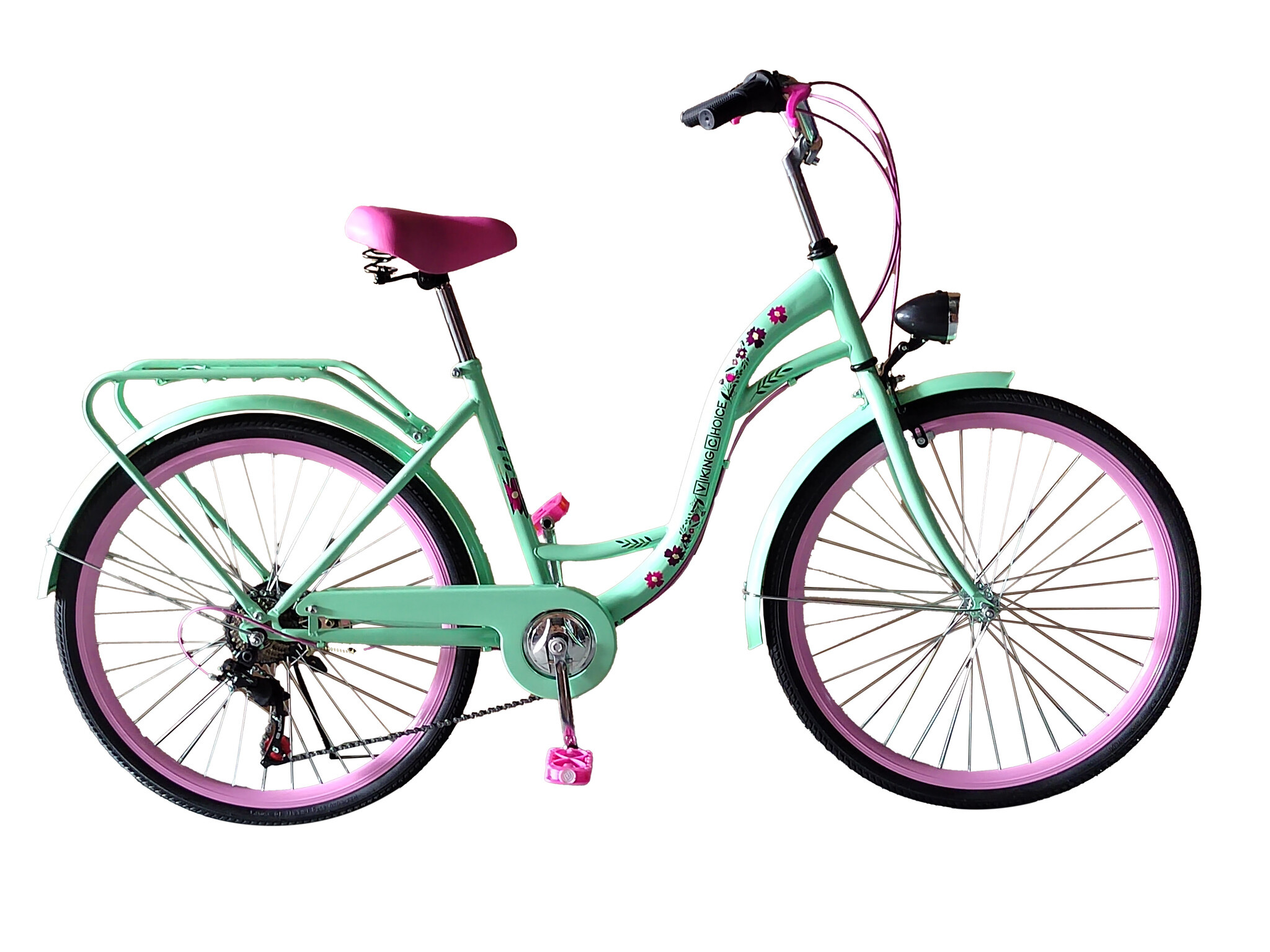 Meisjesfiets 26 inch - 7 versnellingen - mintgroen met roze