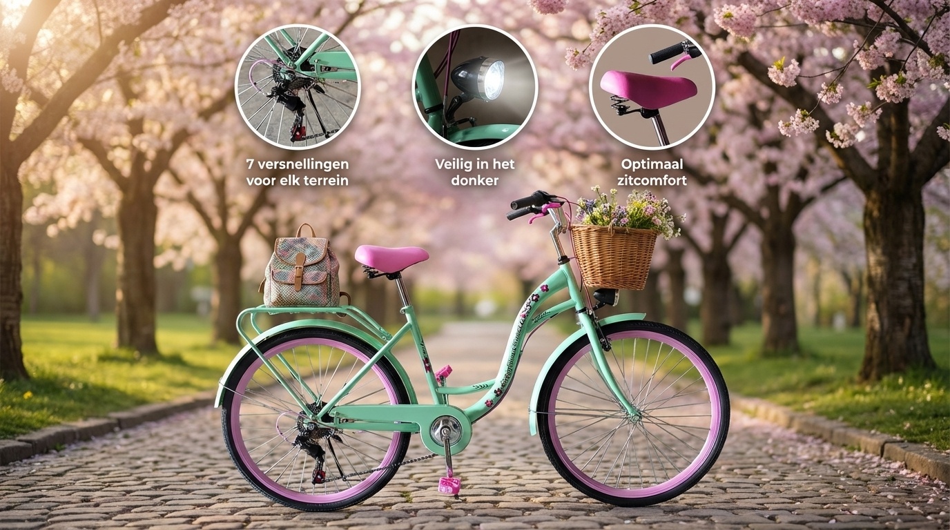 Meisjesfiets 26 inch - 7 versnellingen - mintgroen met roze