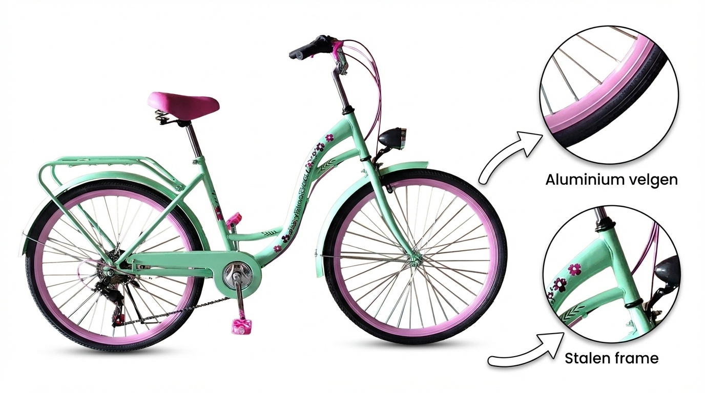 Meisjesfiets 26 inch - 7 versnellingen - mintgroen met roze