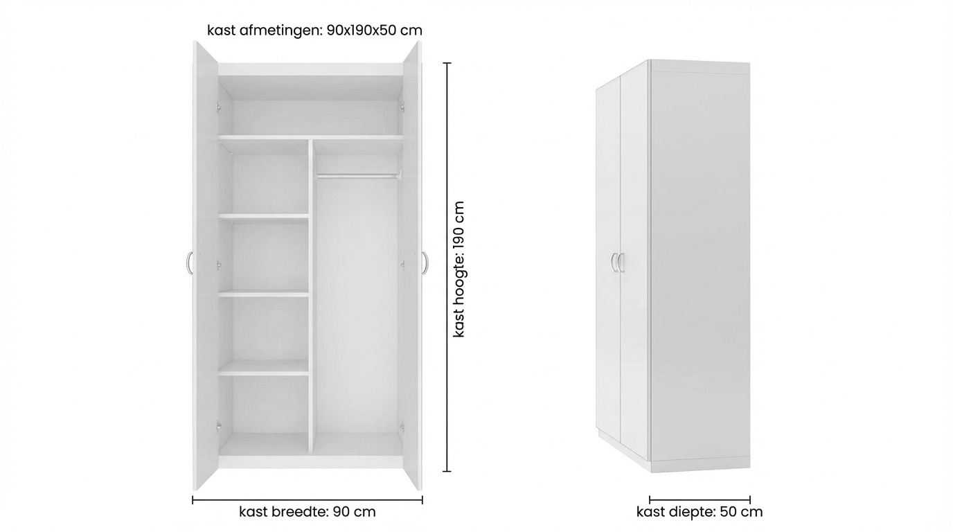 Kledingkast - 2 deuren - 90x190x50 cm - 5 schappen - wit