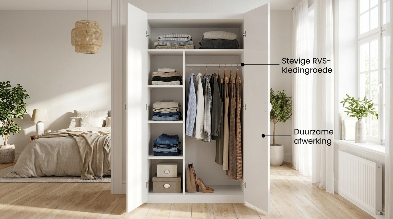 Kledingkast - 2 deuren - 90x190x50 cm - 5 schappen - wit