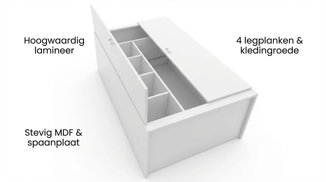 Kledingkast - 2 deuren - 90x190x50 cm - 5 schappen - wit