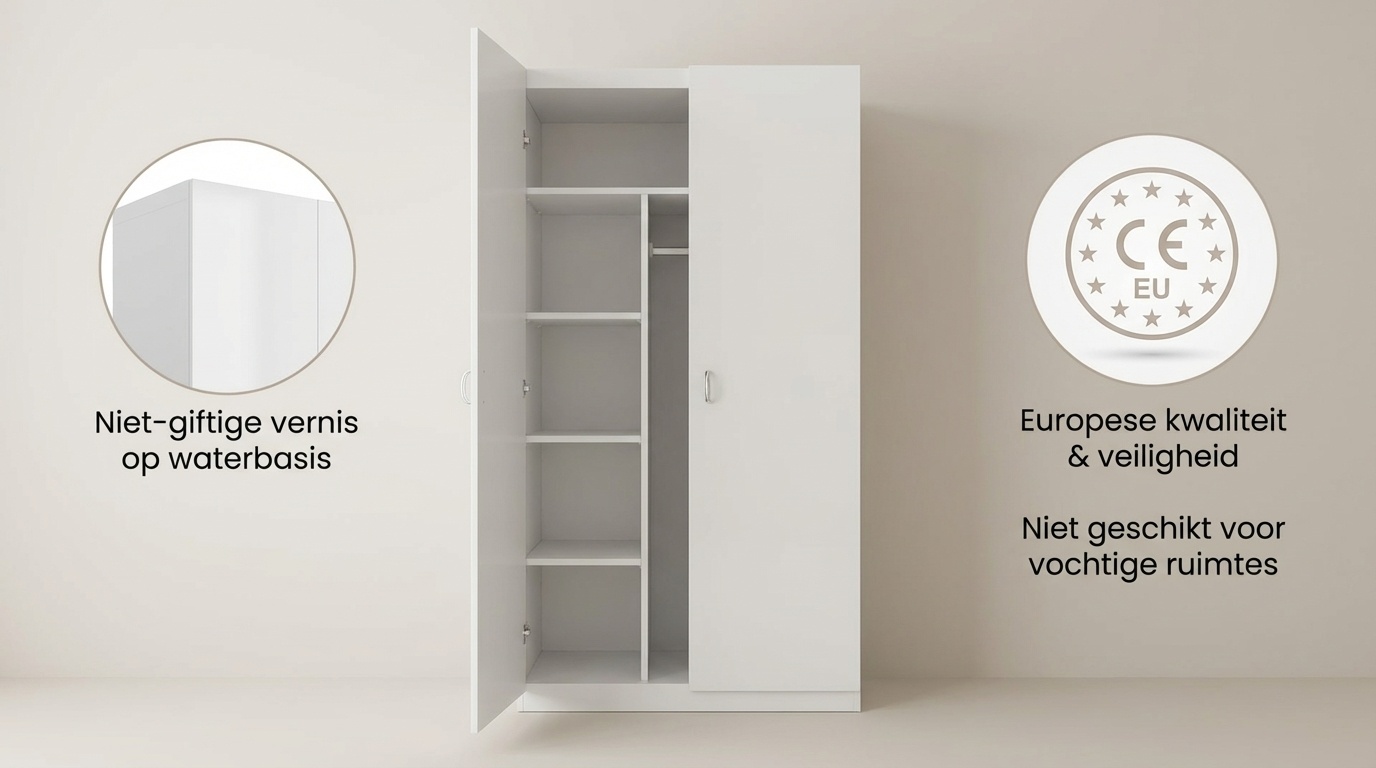 Kledingkast - 2 deuren - 90x190x50 cm - 5 schappen - wit