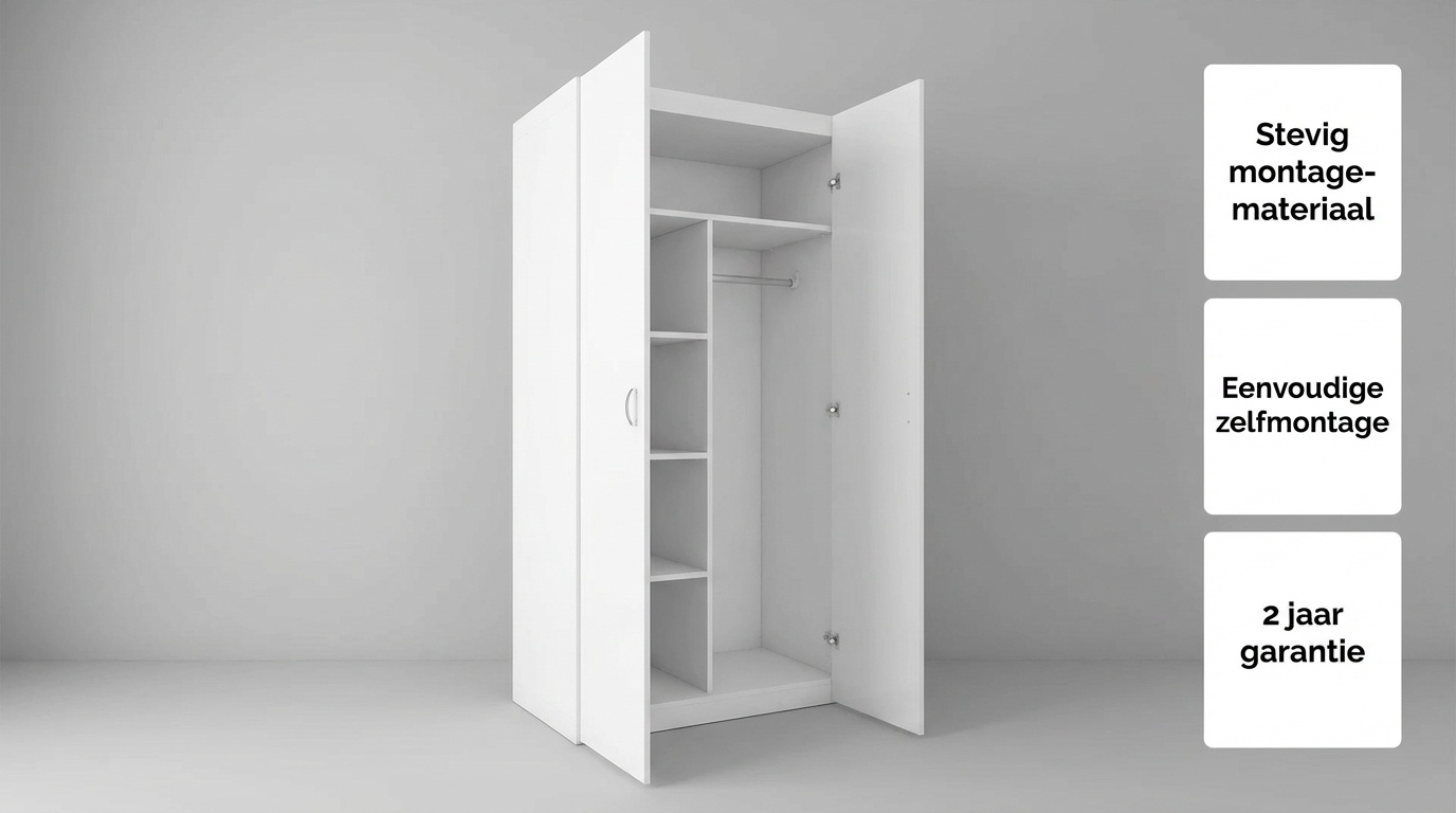 Kledingkast - 2 deuren - 90x190x50 cm - 5 schappen - wit