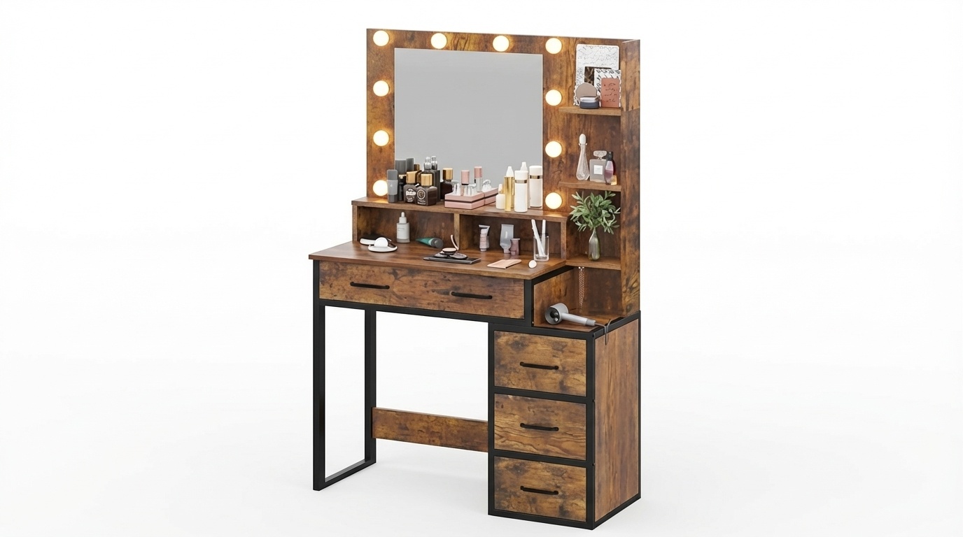 Kaptafel - met spiegel en licht - 92x40x143,5 cm - industrieel