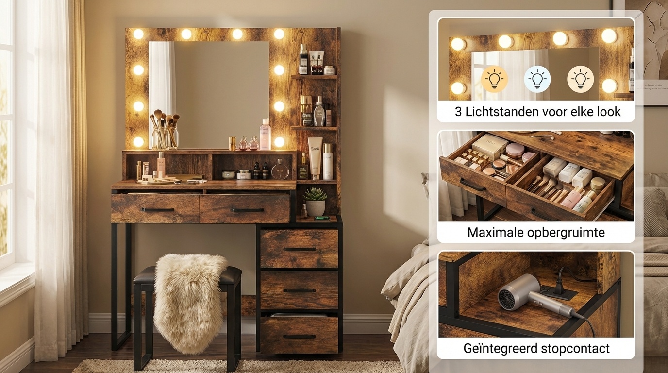 Kaptafel - met spiegel en licht - 92x40x143,5 cm - industrieel