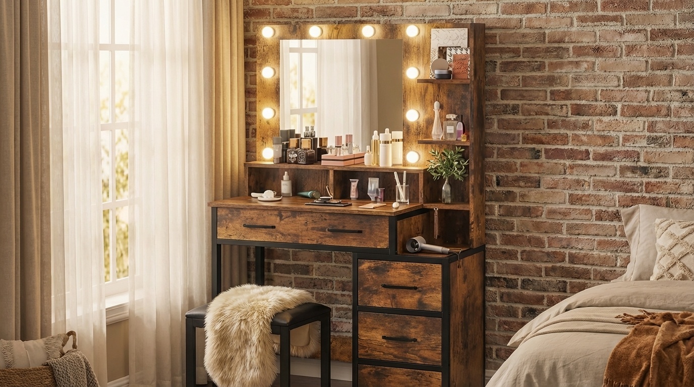 Kaptafel - met spiegel en licht - 92x40x143,5 cm - industrieel