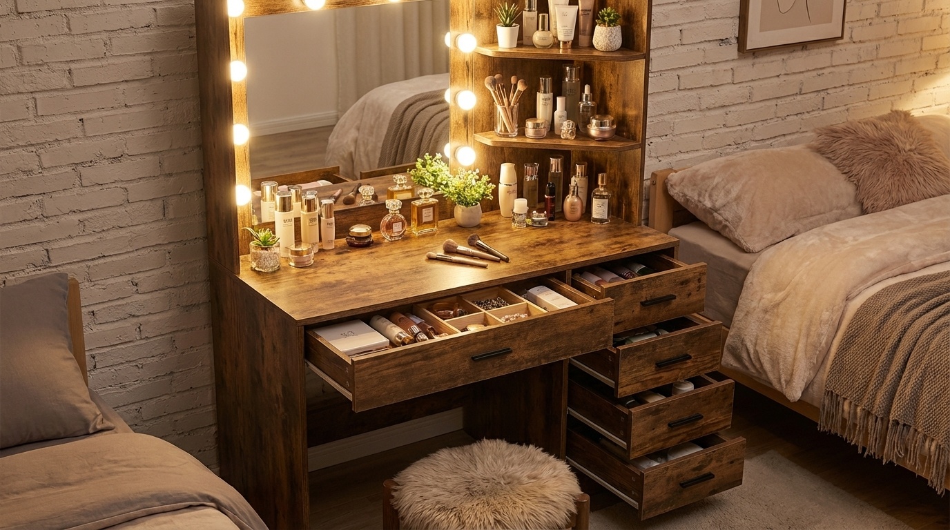 Kaptafel - met spiegel en licht - 92x40x143,5 cm - industrieel