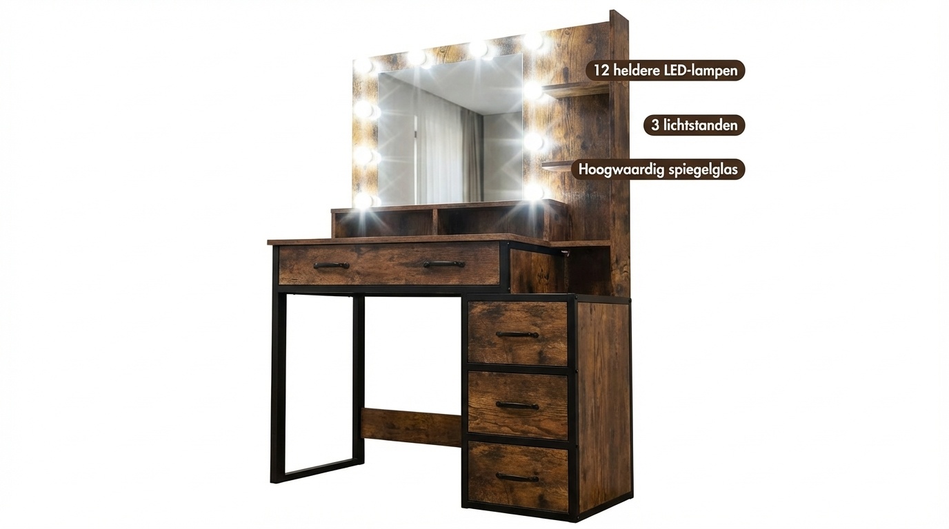 Kaptafel - met spiegel en licht - 92x40x143,5 cm - industrieel