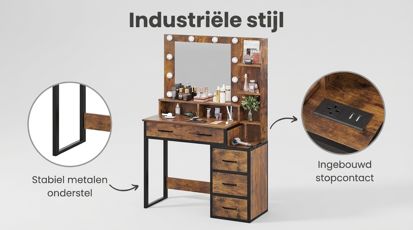 Kaptafel - met spiegel en licht - 92x40x143,5 cm - industrieel