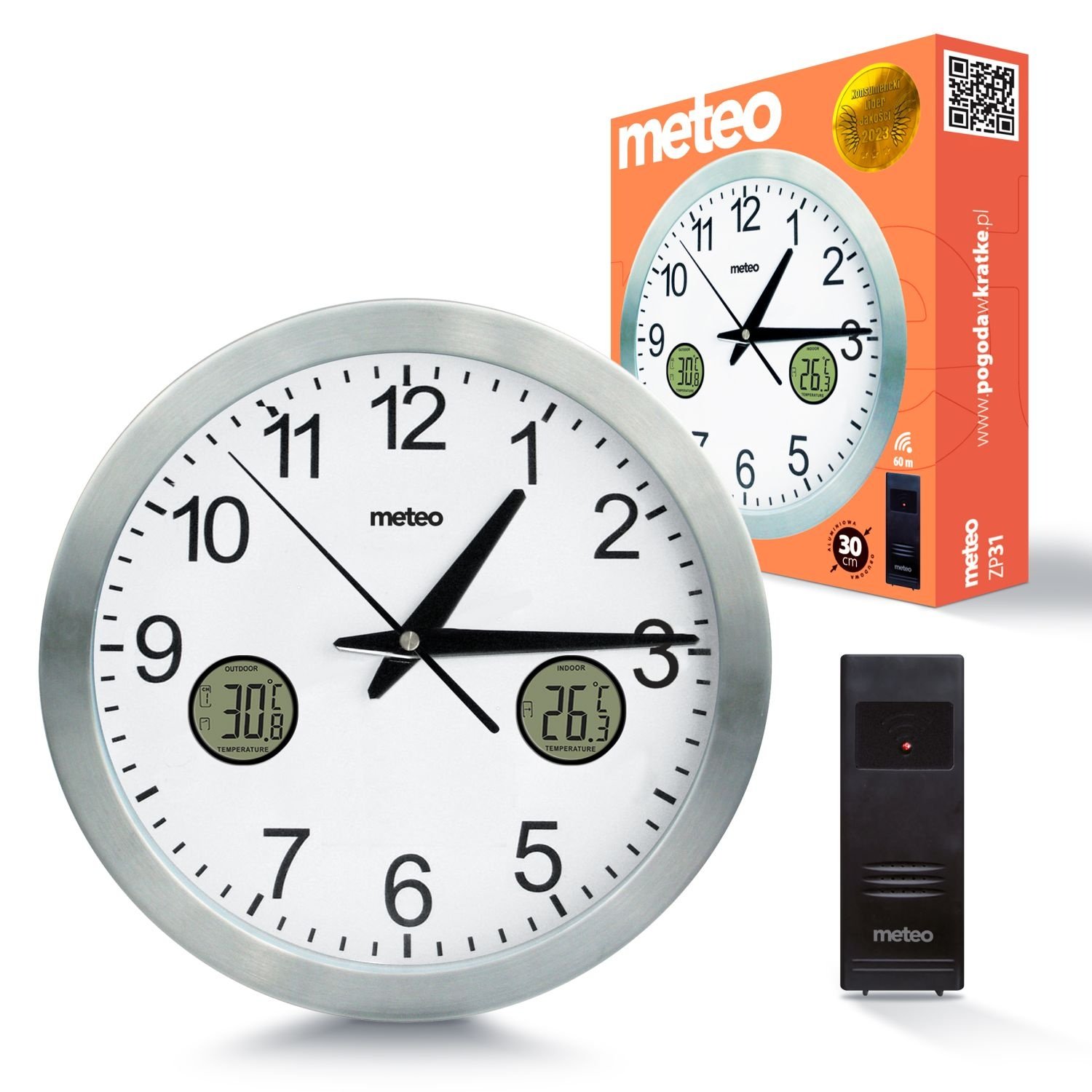 METEO Wandklok ZP31 - Met draadloze buitensensor en LCD-scherm