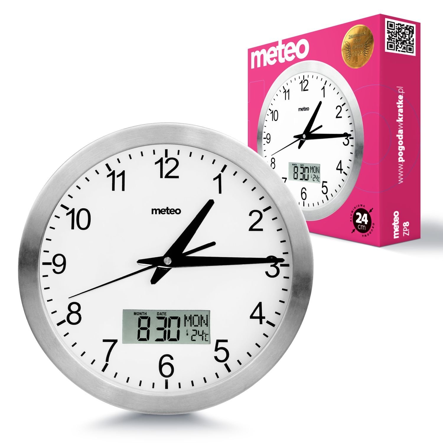 METEO Wandklok ZP8 - Stille digitale klok met thermometer en hygrometer