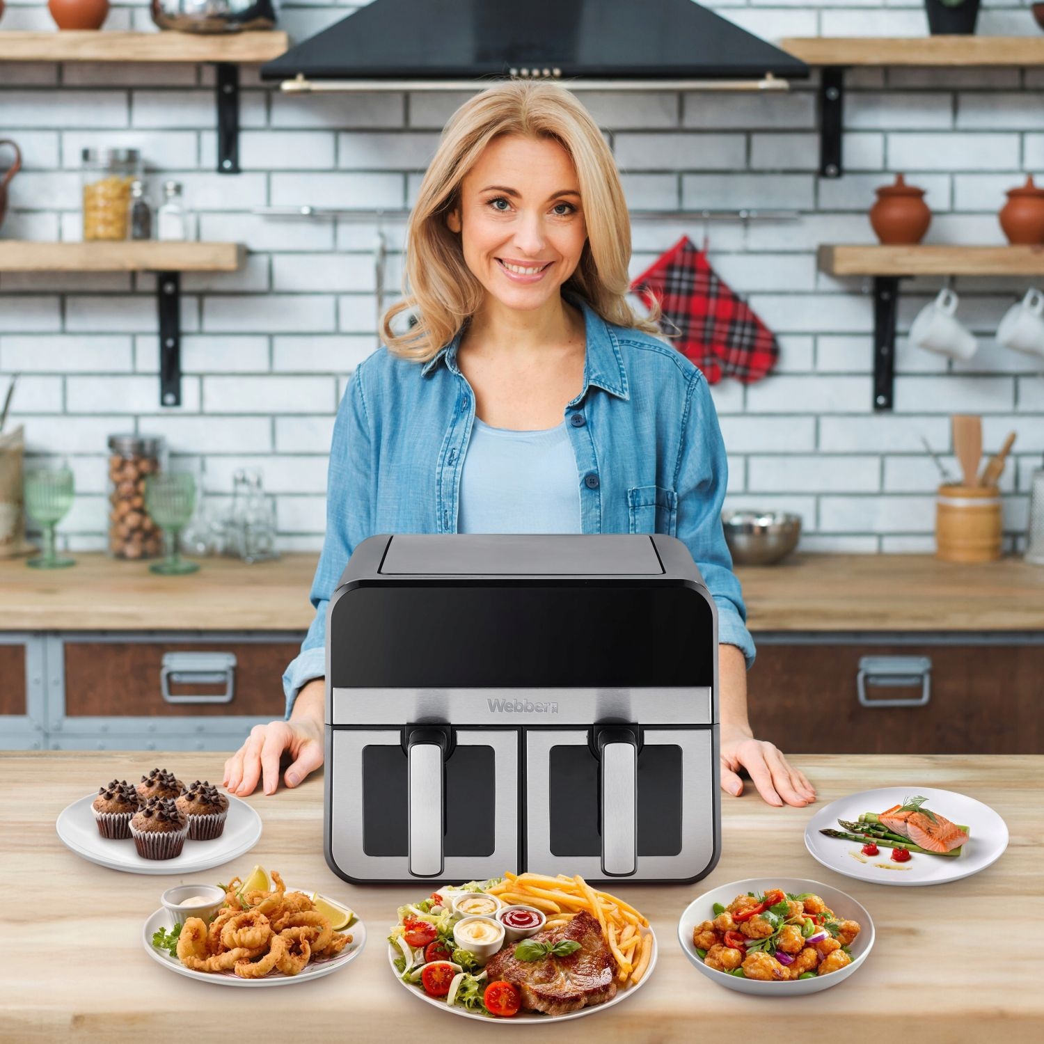 Webber AF900 Heteluchtfriteuse - 9L dubbele kom en kijkvenster