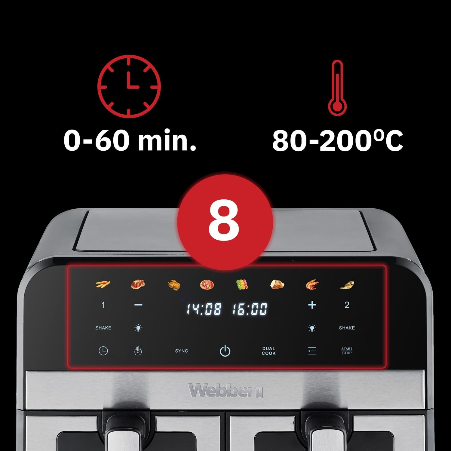 Webber AF900 Heteluchtfriteuse - 9L dubbele kom en kijkvenster